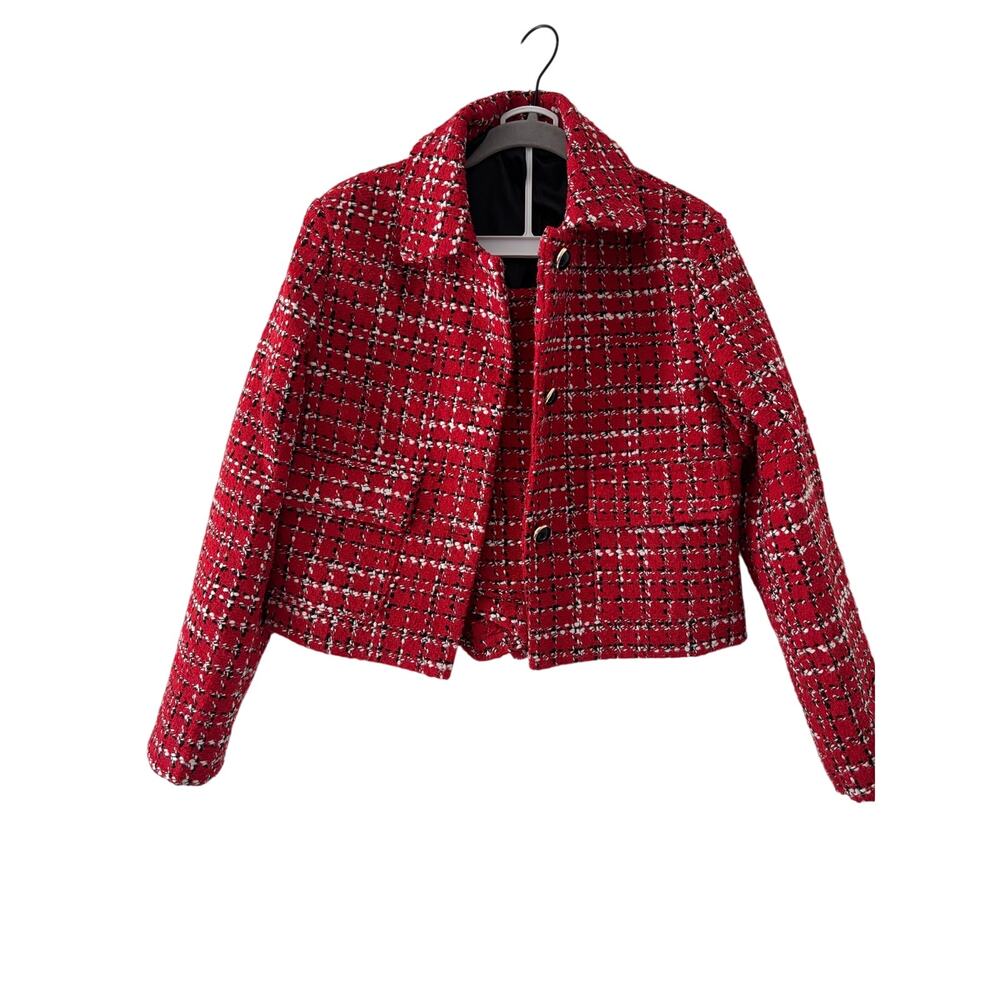 Women’s Red Tweed 2 Piece Skort Suit Set Jacket & Shorts Plaid XS Preppy - Picture 3 of 11